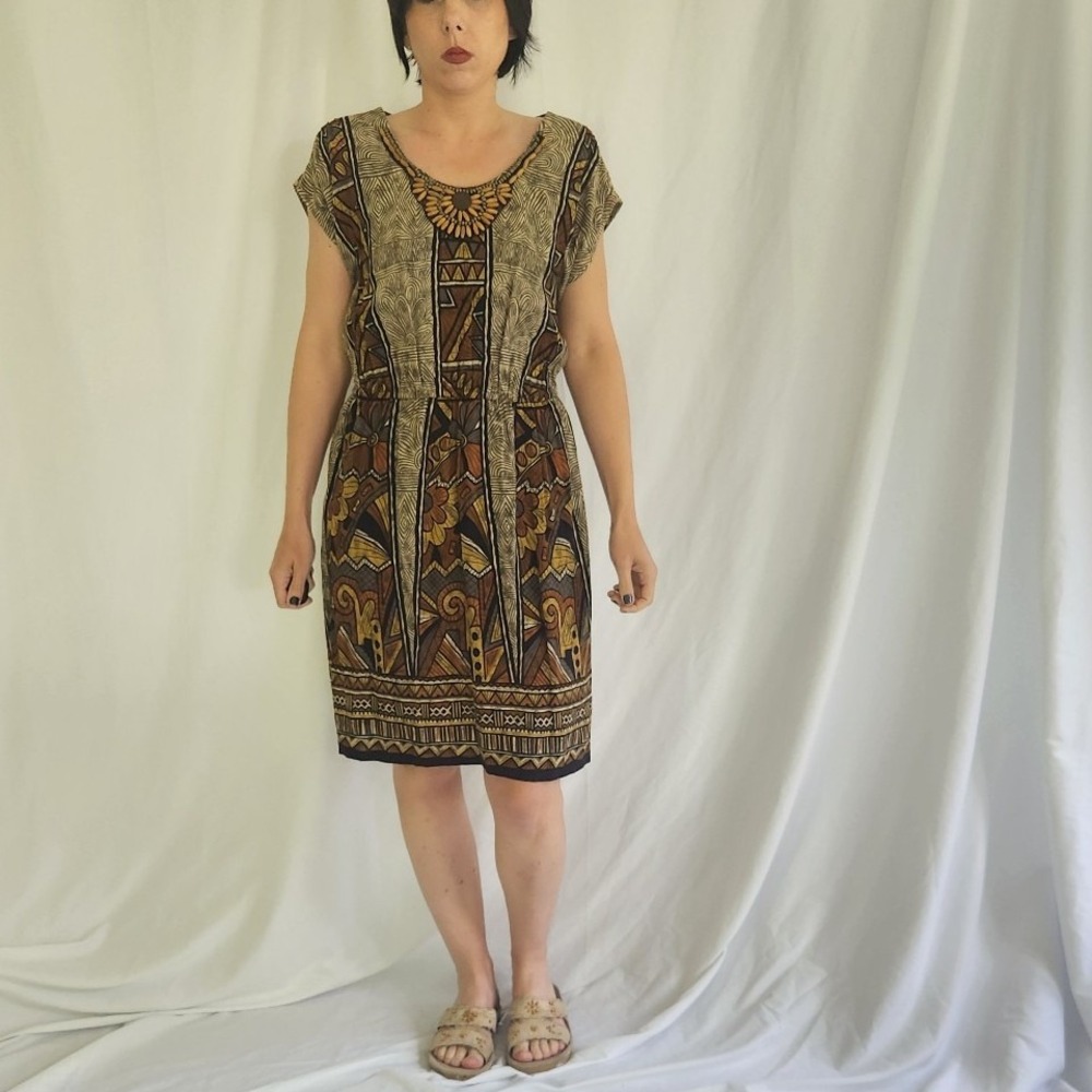 90s/00s Brown Beaded Rayon Day Dress